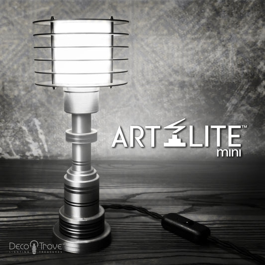 art lite logo over photo of ALM-P310 modernist engine shaft disc lamp