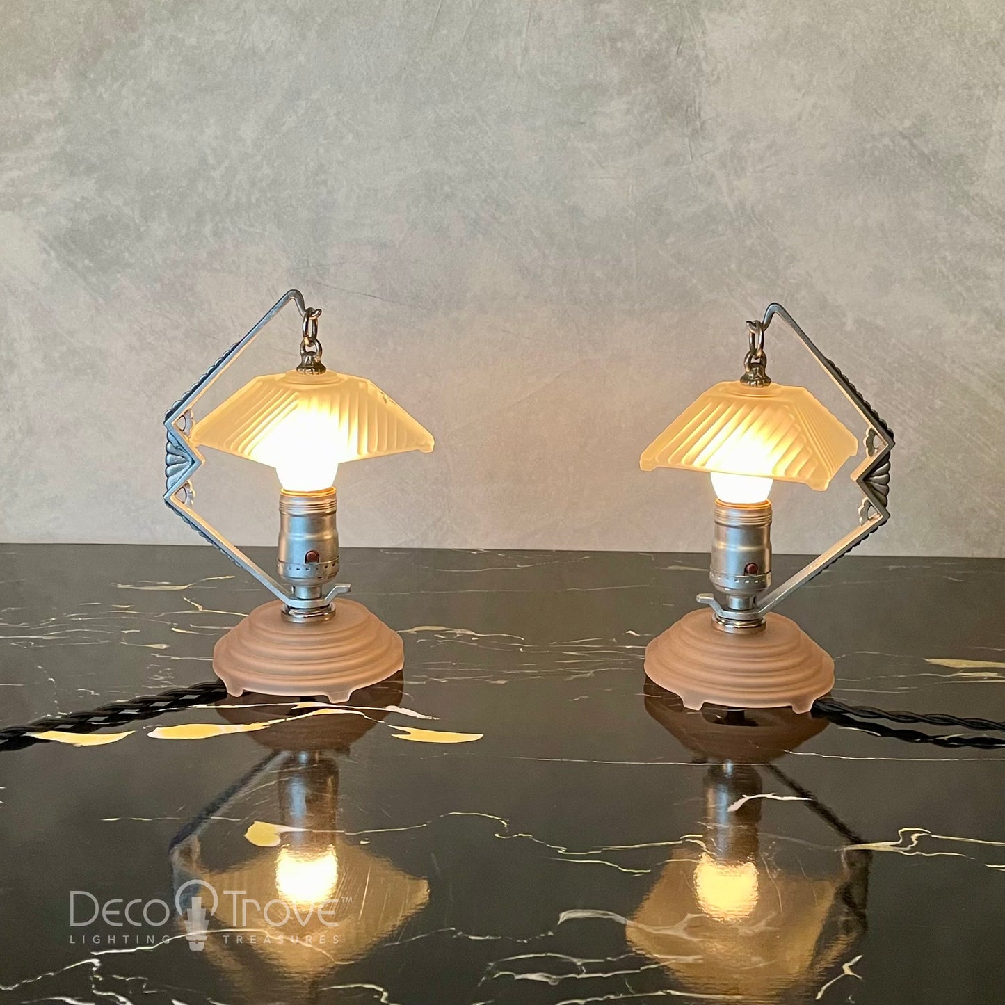 Pair of 1930s Art Deco Geometric Iron Hanging Shade Frosted Glass Lamps