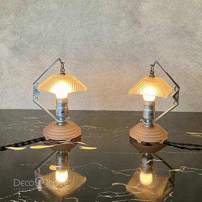 Pair of 1930s Art Deco Geometric Iron Hanging Shade Frosted Glass Lamps