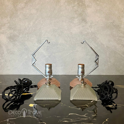 Pair of 1930s Art Deco Geometric Iron Hanging Shade Frosted Glass Lamps