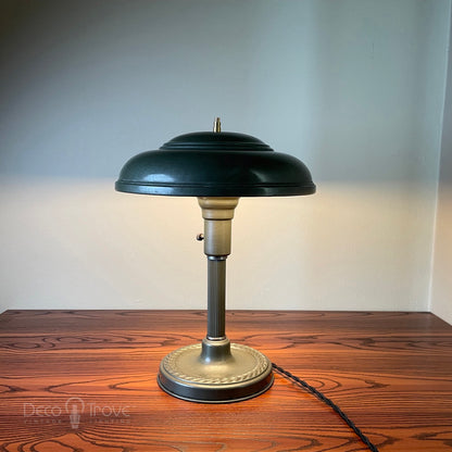 1930s Streamline Deco Fluted Dark Green Saucer Lamp