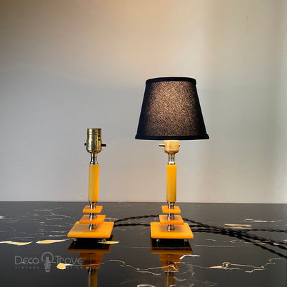 Pair of 1930s Art Deco Stacked Geometric Butterscotch Bakelite Lamps