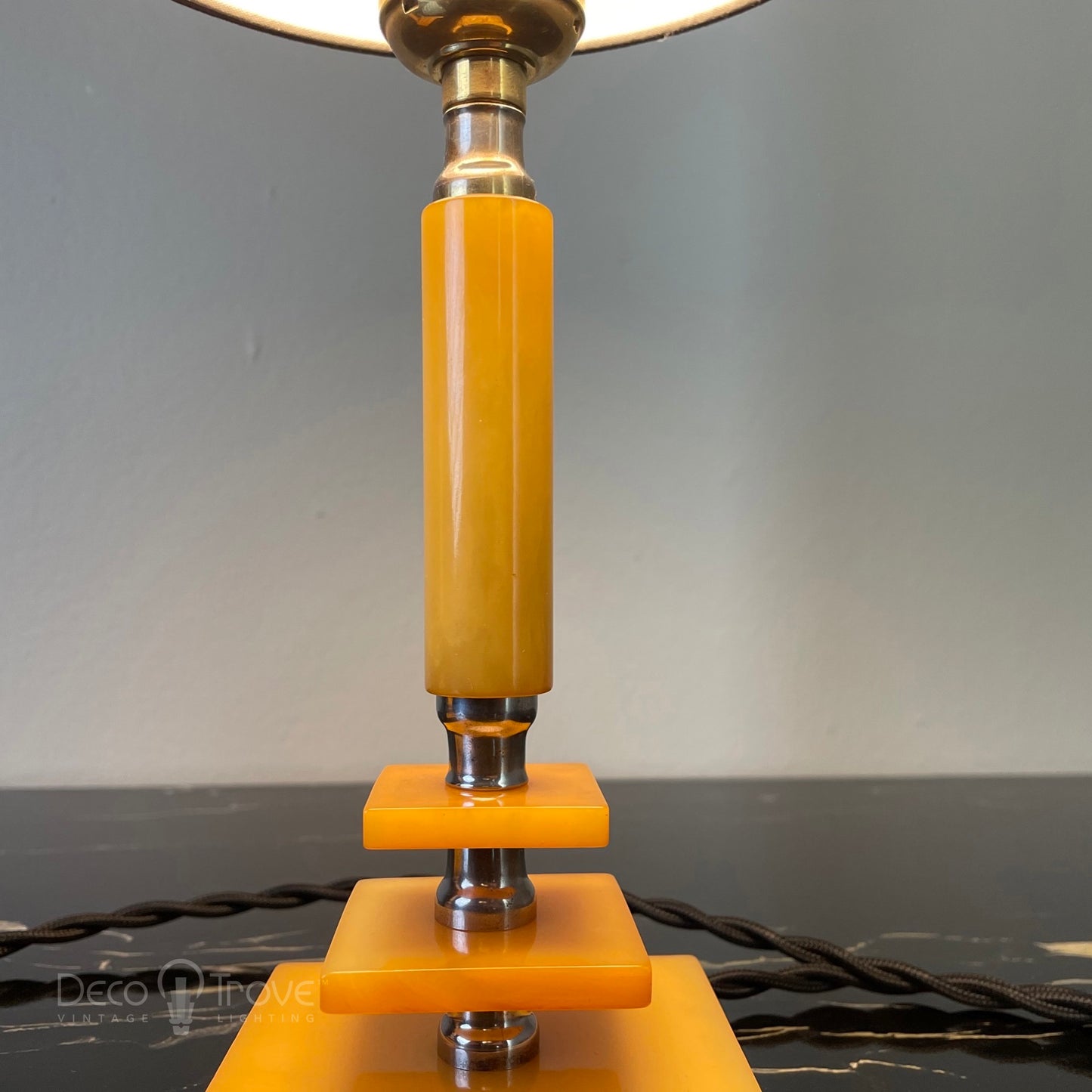 Pair of 1930s Art Deco Stacked Geometric Butterscotch Bakelite Lamps