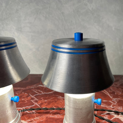 Pair of 1930s Alcoa Streamline Deco Aluminum and Enameled Blue Star Lamps