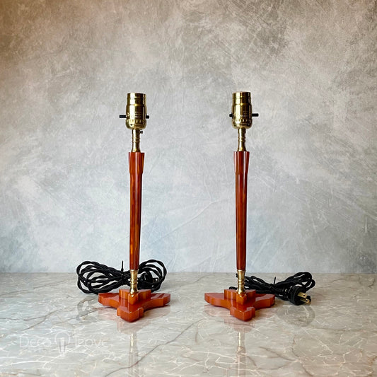 Pair of 1930s Art Deco Tall Red/Amber Fluted Bakelite Lamps