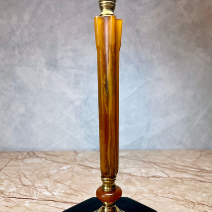 1930s Houze Glass Art Deco Octogonal Black and Fluted Butterscotch Bakelite Lamp