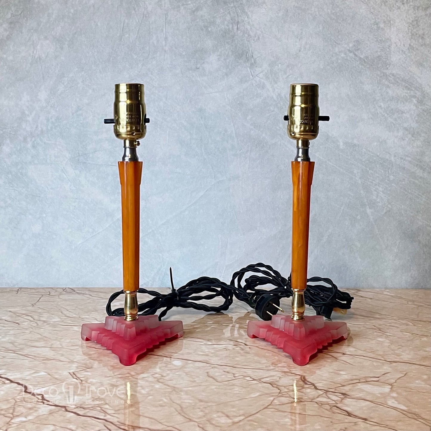 Pair of 1930s Houze Glass Art Deco Fluted Butterscotch Bakelite and Pink Glass Lamps