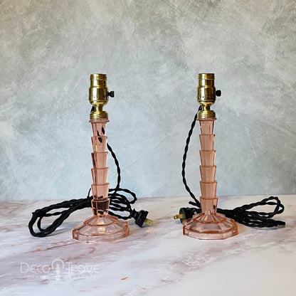 Pair of Indiana Glass Art Deco Stacked Tea Room Pink Depression Glass Lamps