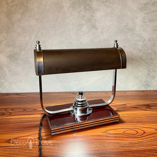 1930s Markel Machine Age Deco Chrome and English Bronze L103F Desk Lamp