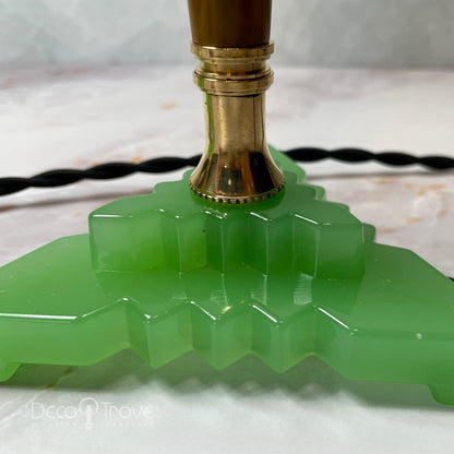 Pair of 1930s Houze Glass Art Deco Triangular Jadeite & Fluted Bakelite Lamps