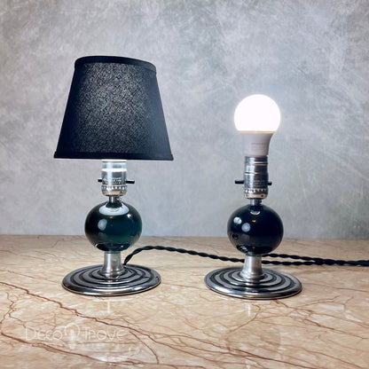 Pair of 1930s Streamline Deco Black Porcelain Orb/Globe Boudoir Lamps