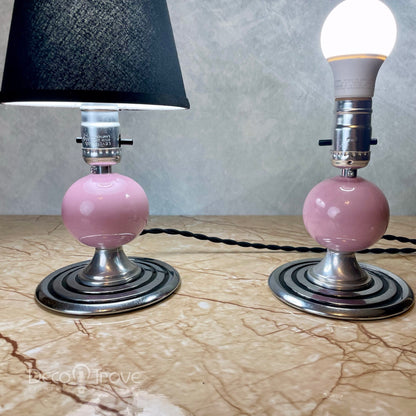 Pair of 1930s Streamline Deco Pink Porcelain Orb/Globe Boudoir Lamps