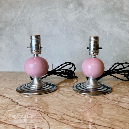 Pair of 1930s Streamline Deco Pink Porcelain Orb/Globe Boudoir Lamps