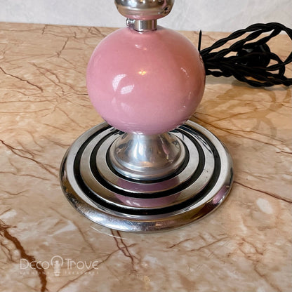 Pair of 1930s Streamline Deco Pink Porcelain Orb/Globe Boudoir Lamps