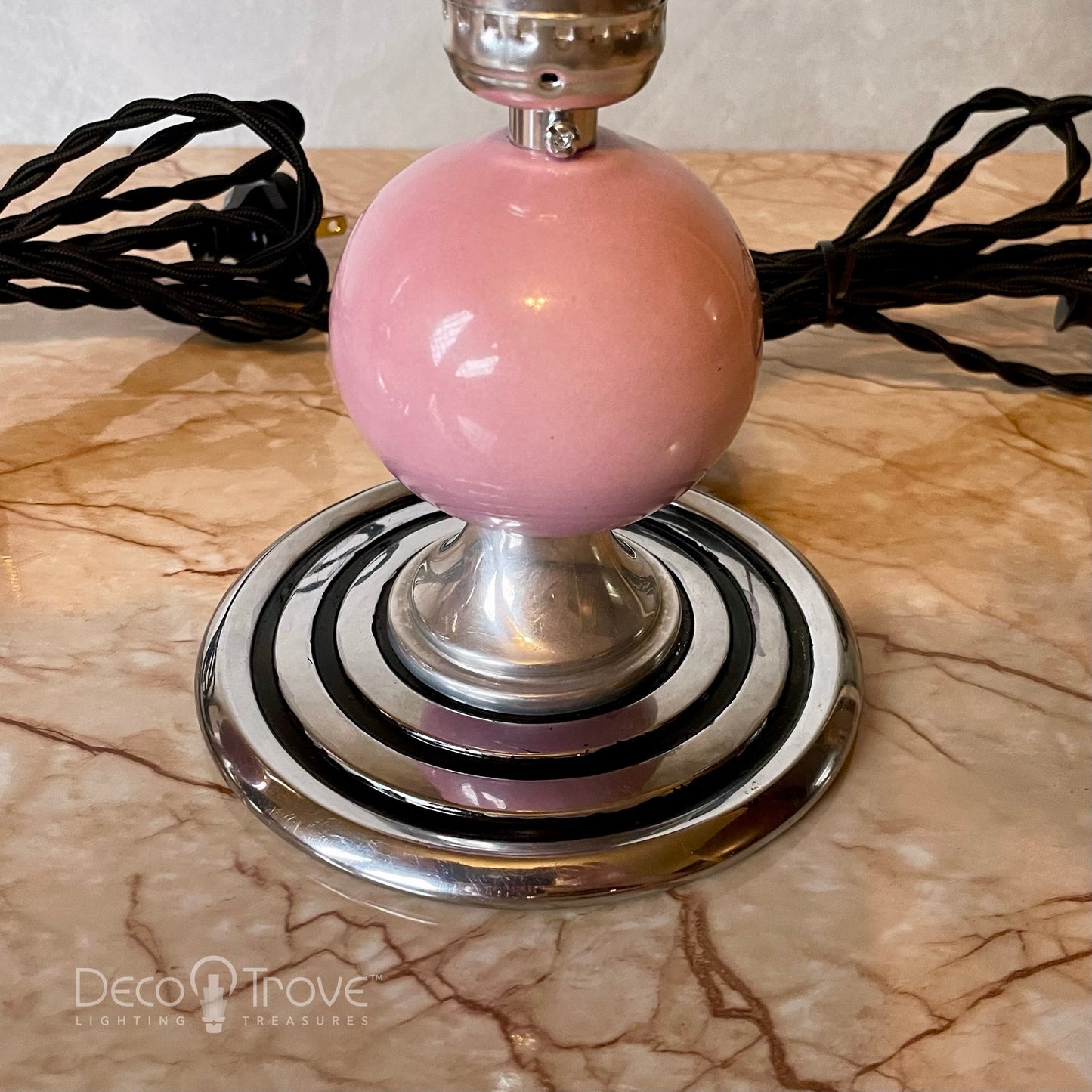 Pair of 1930s Streamline Deco Pink Porcelain Orb/Globe Boudoir Lamps