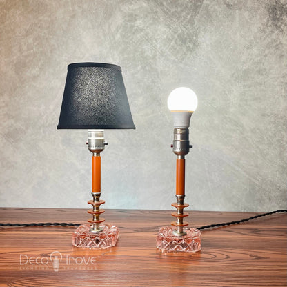 Pair of 1930s Streamline Deco Orange Bakelite and Pink Depression Glass Lamps