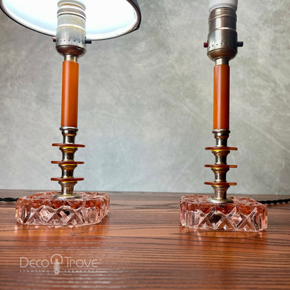 Pair of 1930s Streamline Deco Orange Bakelite and Pink Depression Glass Lamps