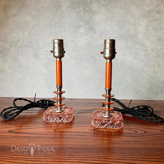 Pair of 1930s Streamline Deco Orange Bakelite and Pink Depression Glass Lamps