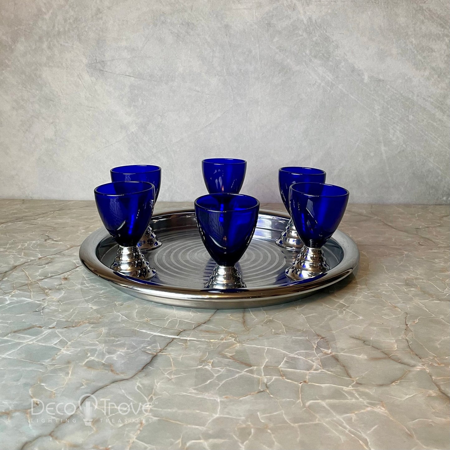 1930s Set of 6 Chase Blue Moon Cocktail Cups & Ring Tray