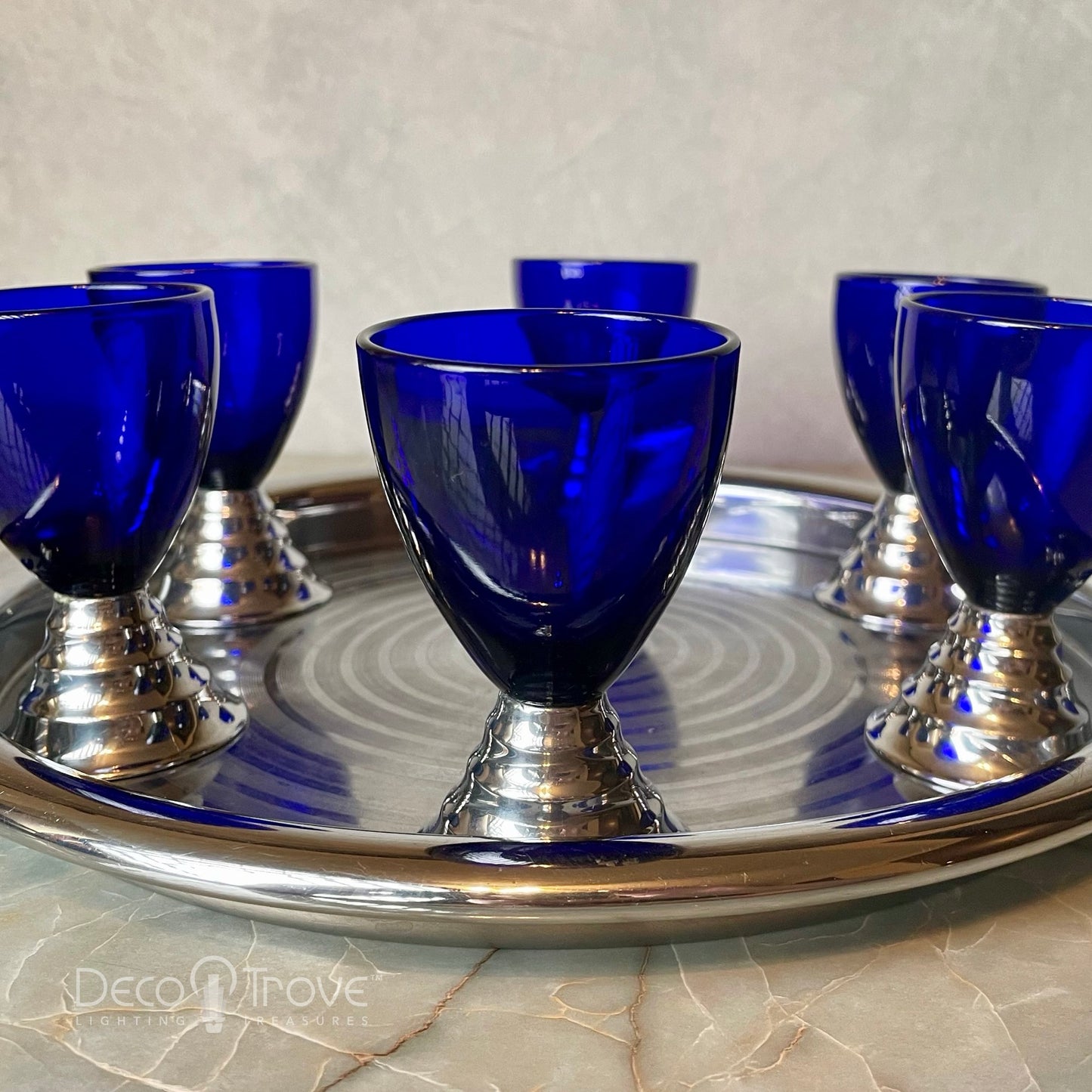 1930s Set of 6 Chase Blue Moon Cocktail Cups & Ring Tray