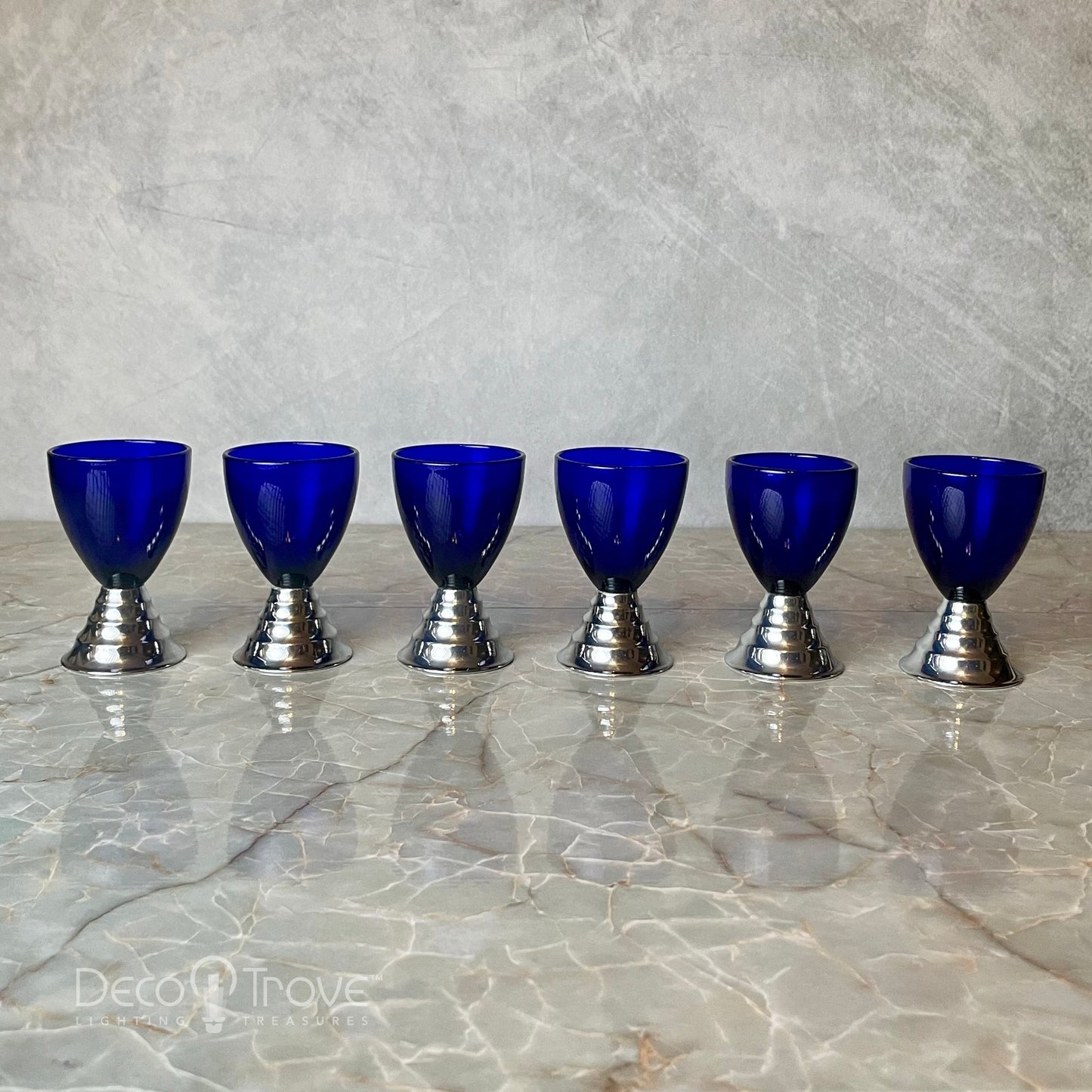 1930s Set of 6 Chase Blue Moon Cocktail Cups & Ring Tray