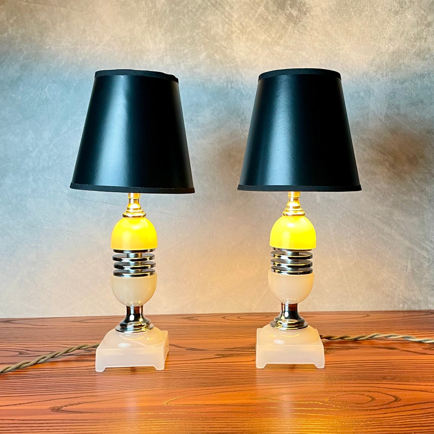 Pair of Streamline Deco Alabaster/Onyx Glass and Chrome Lamps