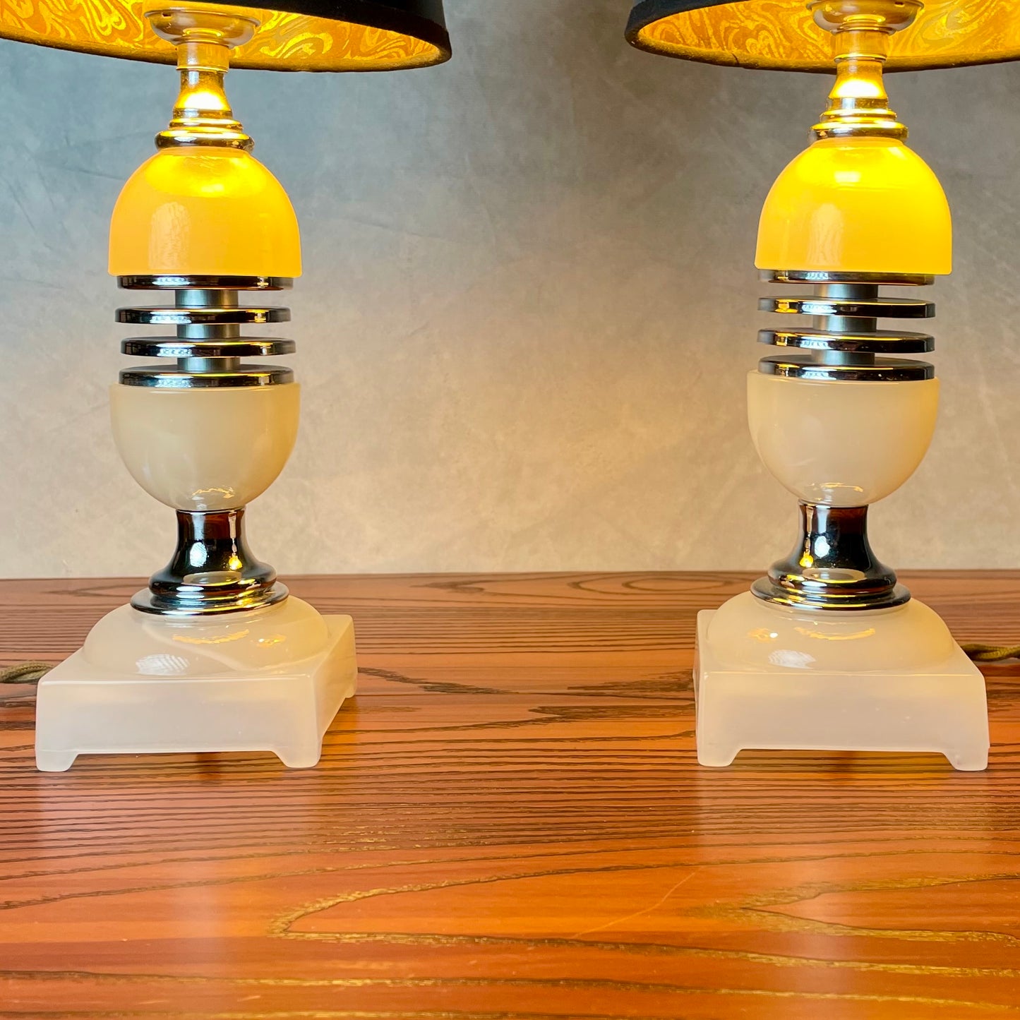 Pair of Streamline Deco Alabaster/Onyx Glass and Chrome Lamps