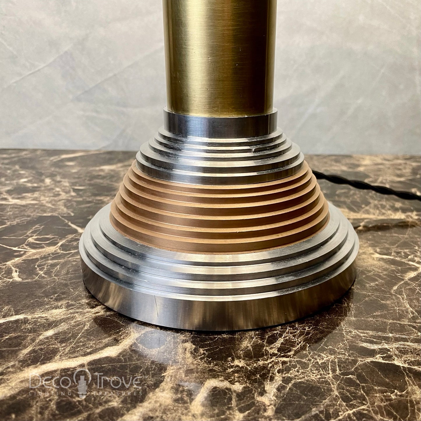 1930s Large Machine Age Deco Stepped Spun Aluminum and Brass Lamp