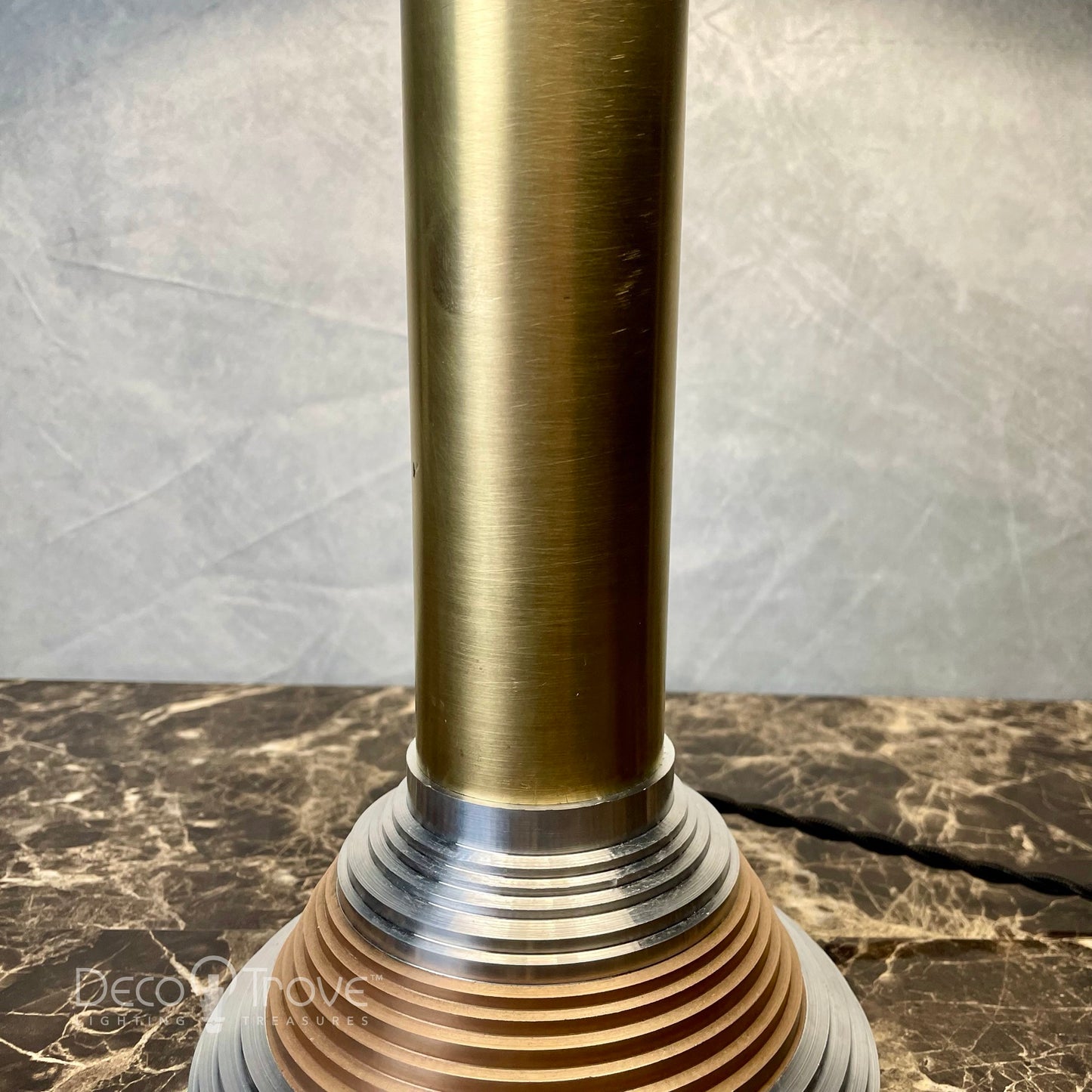 1930s Large Machine Age Deco Stepped Spun Aluminum and Brass Lamp