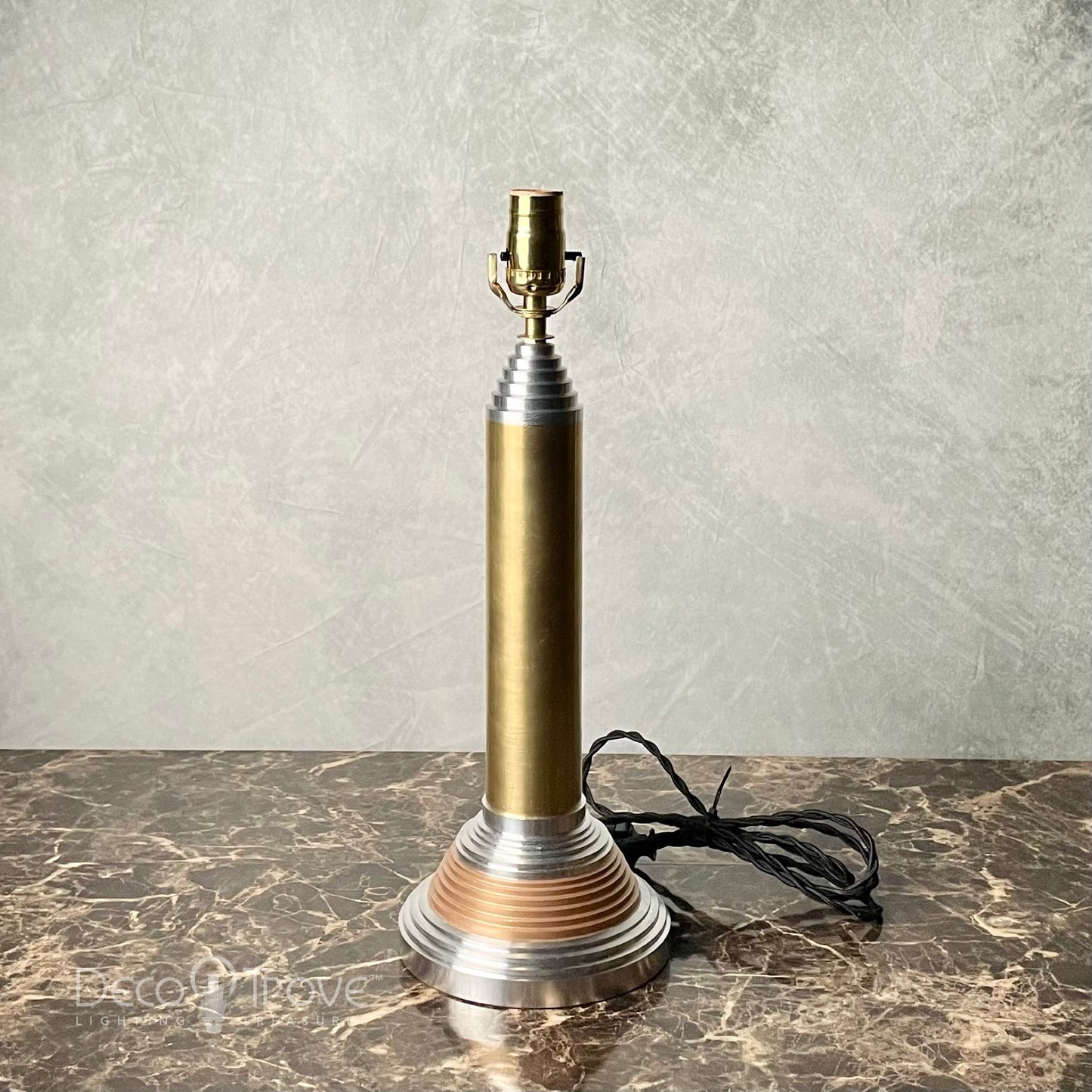 1930s Large Machine Age Deco Stepped Spun Aluminum and Brass Lamp