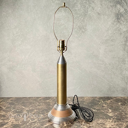 1930s Large Machine Age Deco Stepped Spun Aluminum and Brass Lamp