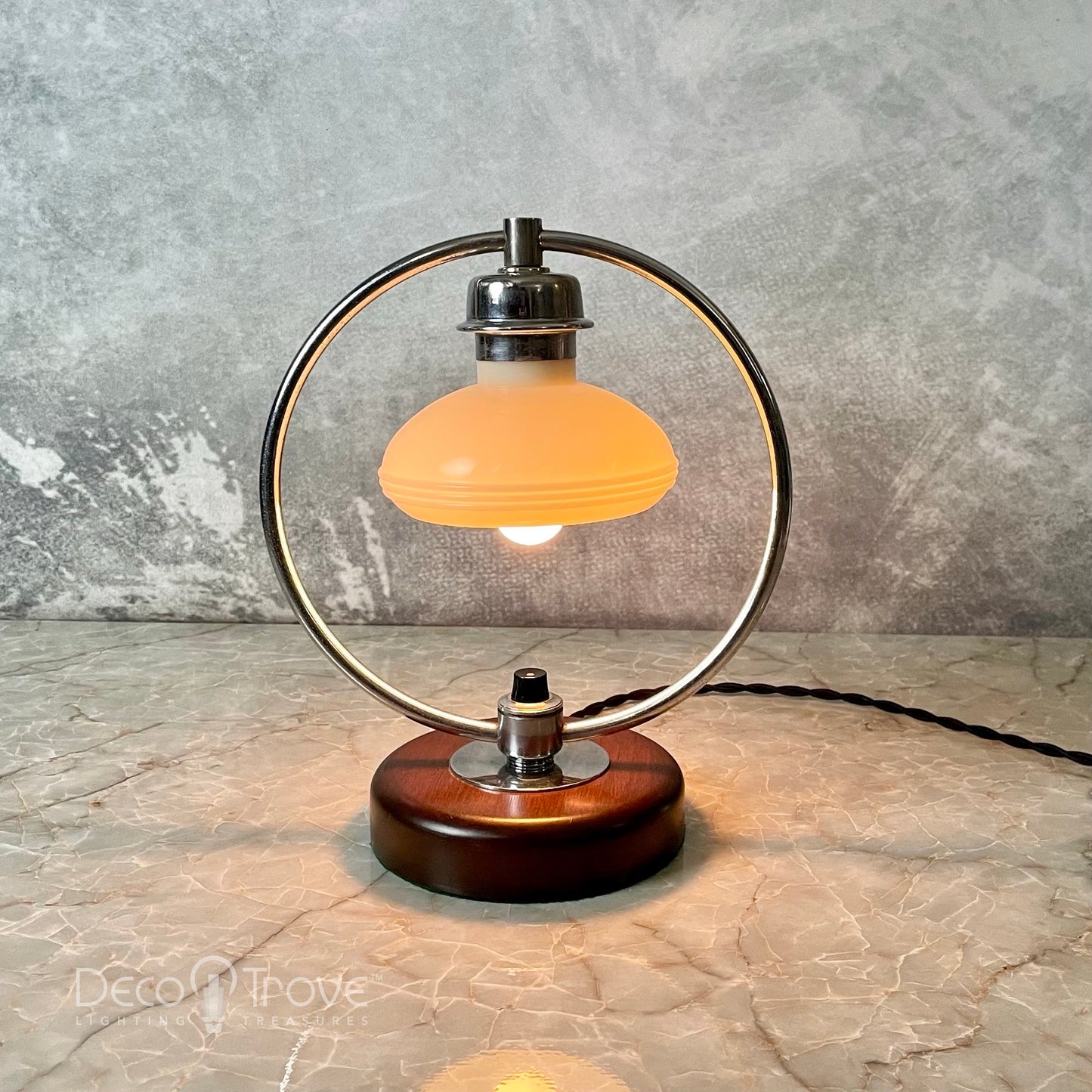 1930s Markel Machine Age Deco Chrome and Wood Circular Accent Lamp w Streamline Custard Glass Shade