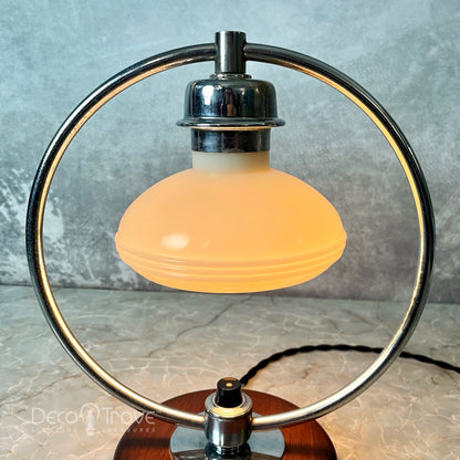 1930s Markel Machine Age Deco Chrome and Wood Circular Accent Lamp w Streamline Custard Glass Shade