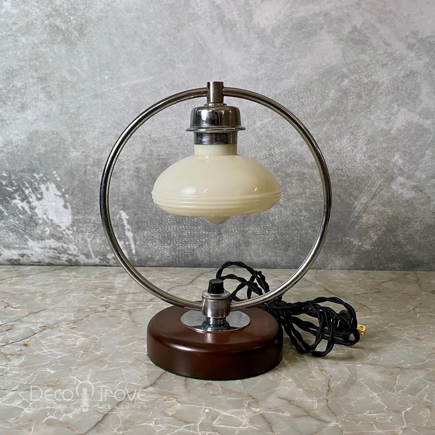 1930s Markel Machine Age Deco Chrome and Wood Circular Accent Lamp w Streamline Custard Glass Shade