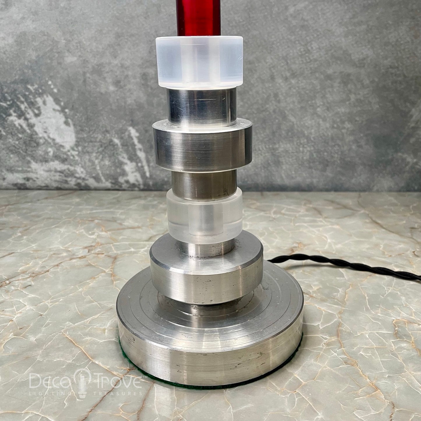 1940s Machine Age Deco Spun Aluminum and Red Lucite Stacked Modern Lamp