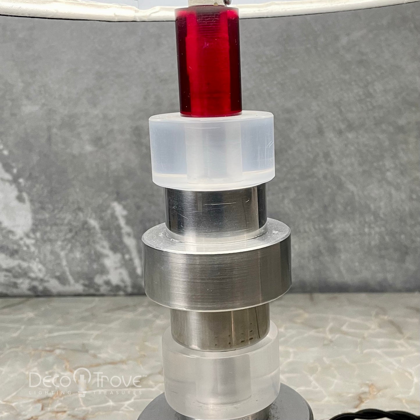 1940s Machine Age Deco Spun Aluminum and Red Lucite Stacked Modern Lamp