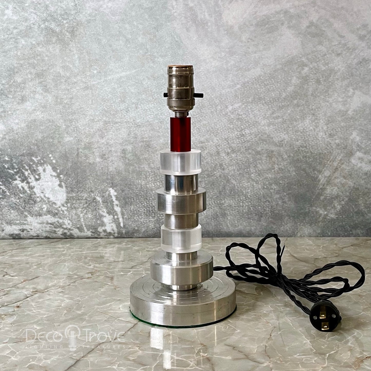 1940s Machine Age Deco Spun Aluminum and Red Lucite Stacked Modern Lamp