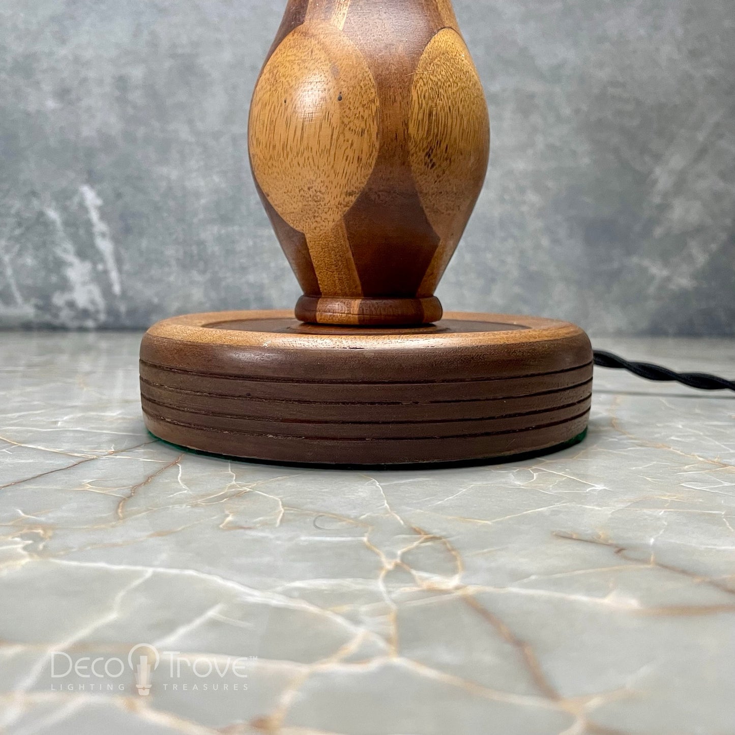 1930s Small Deco Geometric Streamline Marquetry Inlaid Wood Folk Art Lamp