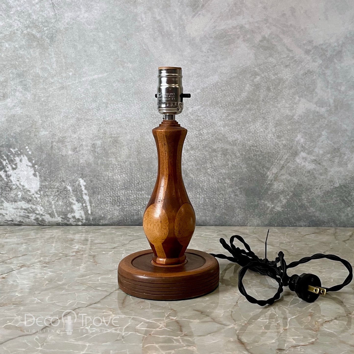 1930s Small Deco Geometric Streamline Marquetry Inlaid Wood Folk Art Lamp