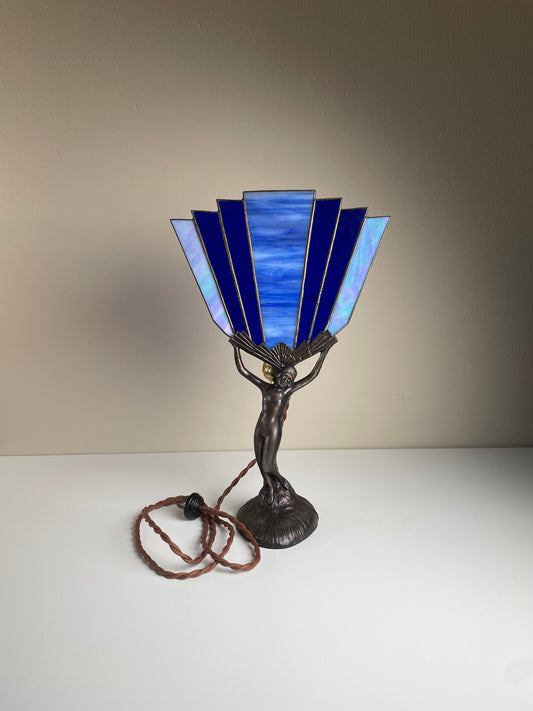 Spelter Lady Lamp Art Deco Nouveau, Holding Blue Slag Glass Shade, Cloth Cord