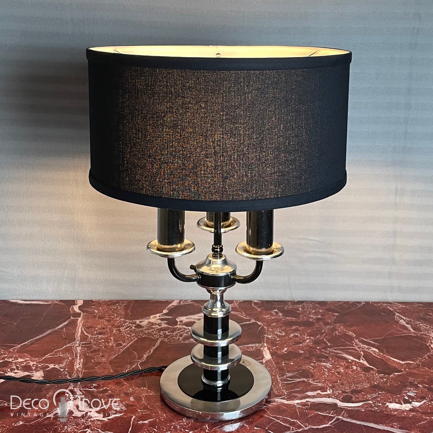 1930s Streamline Deco Machine Age Black and Chrome Bouillotte Candelabra Lamp