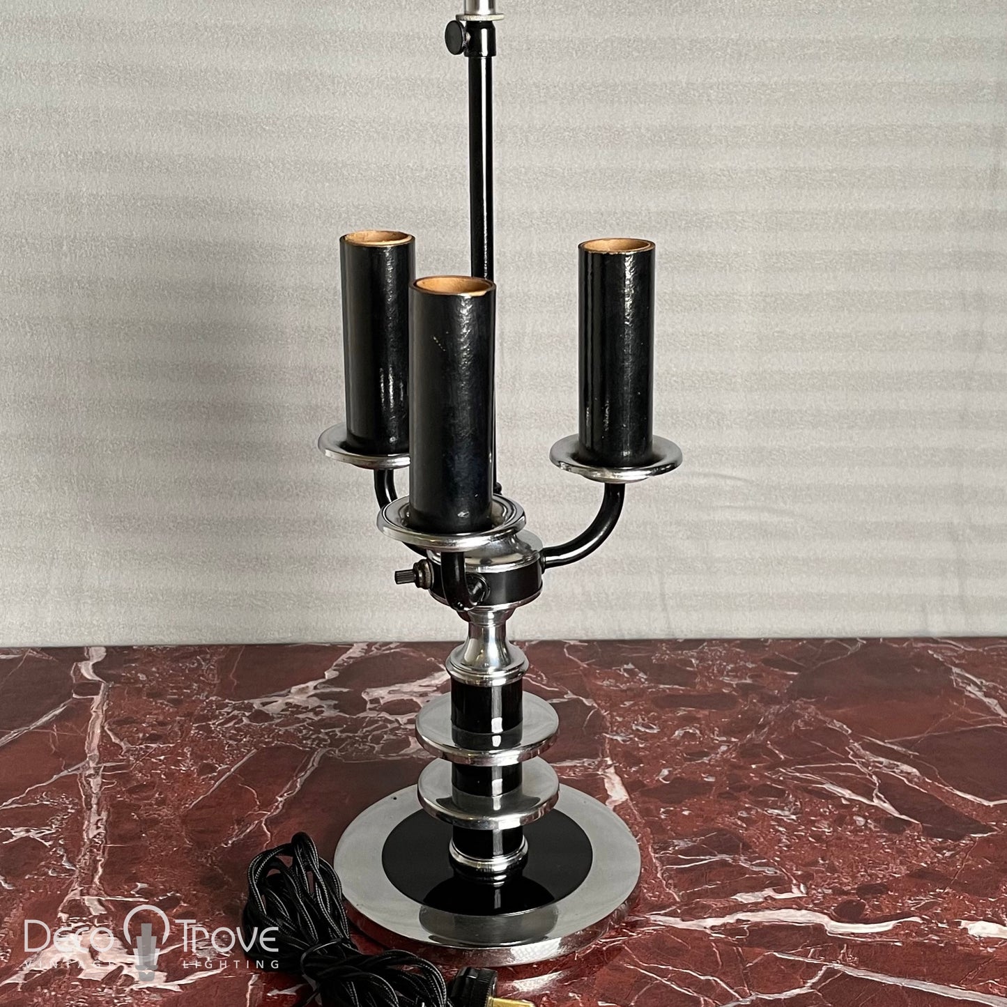 1930s Streamline Deco Machine Age Black and Chrome Bouillotte Candelabra Lamp