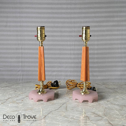 Pair of 1930s Houze Glass Art Deco Orange Bakelite, Brass, and Pink Glass Lamps