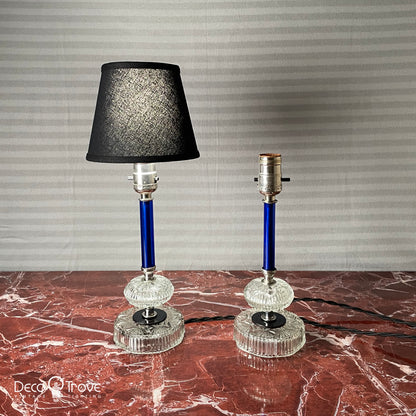 Pair of 1930s Art Deco Cobalt Blue Cut Glass Boudoir Lamps