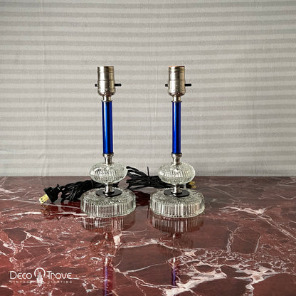 Pair of 1930s Art Deco Cobalt Blue Cut Glass Boudoir Lamps