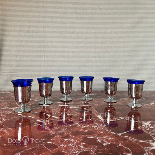 1930s Set of 6 Rare Machine Age Deco Chrome & Cobalt Cocktail Cups - Walter von Nessen