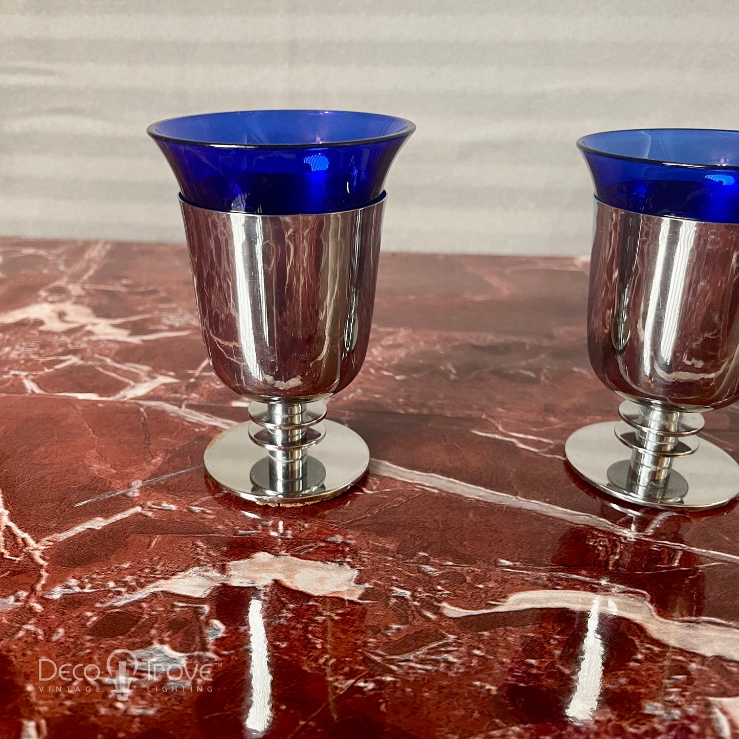 1930s Set of 6 Rare Machine Age Deco Chrome & Cobalt Cocktail Cups - Walter von Nessen