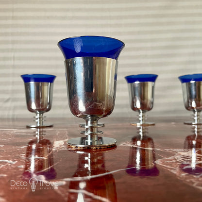 1930s Set of 6 Rare Machine Age Deco Chrome & Cobalt Cocktail Cups - Walter von Nessen