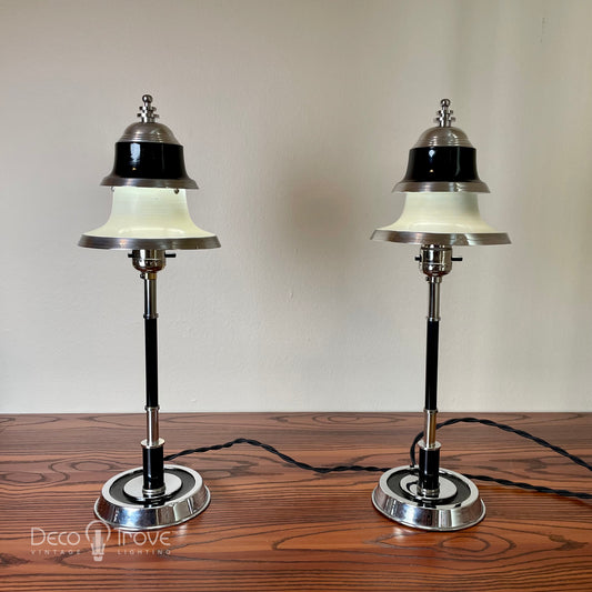 Pair of 1930s Markel Machine Age Deco Double Shade Console/Buffet Lamps