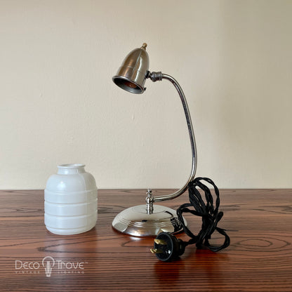 1930s Streamline Deco Curved Chrome & White Glass Shade Desk Lamp